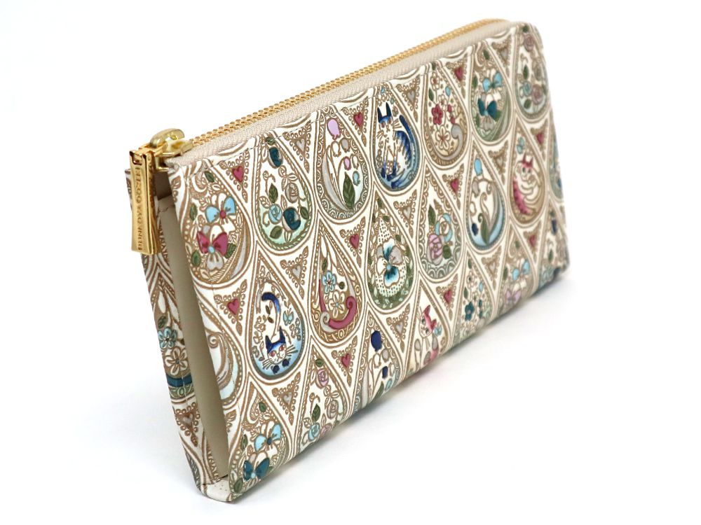 Flowers and Cats (Indigo) L-shaped Long Wallet
