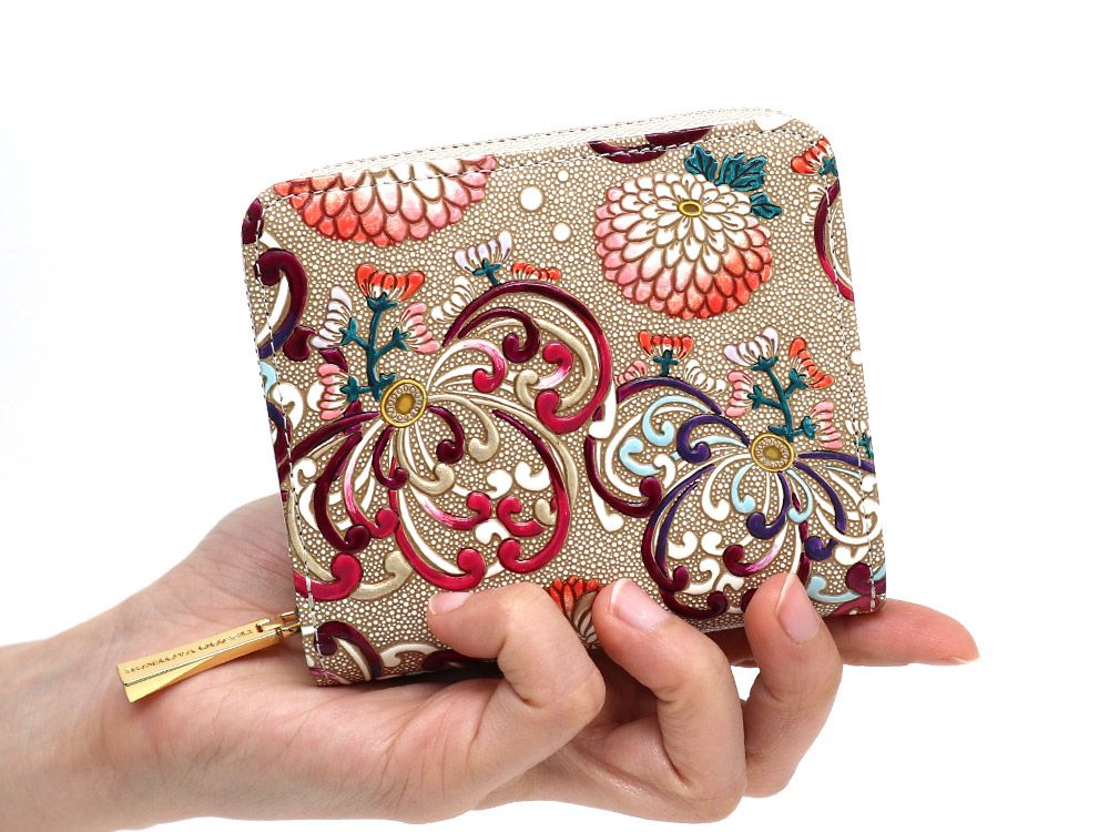 RANGIKU - Firework Chrysanthemums (Wine&Pink) Zip Around Bi-Fold Wallet