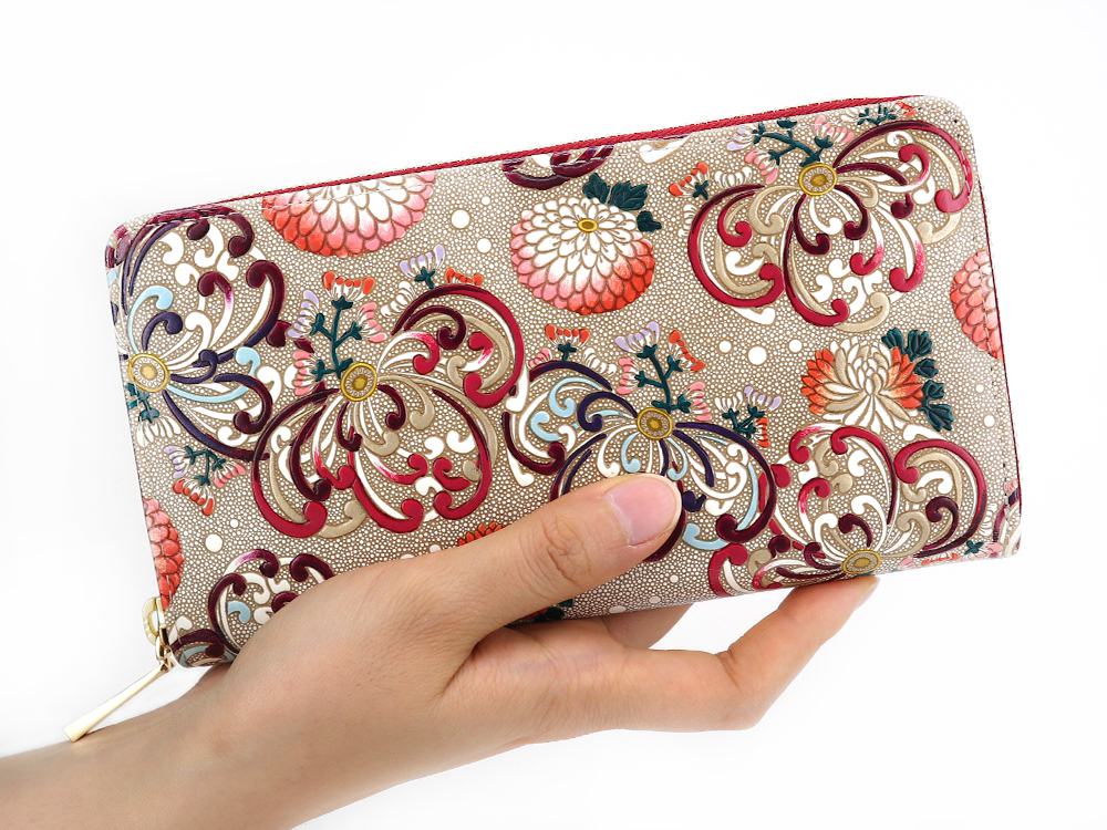 RANGIKU - Firework Chrysanthemums (Wine&Pink) Zippered Long Wallet