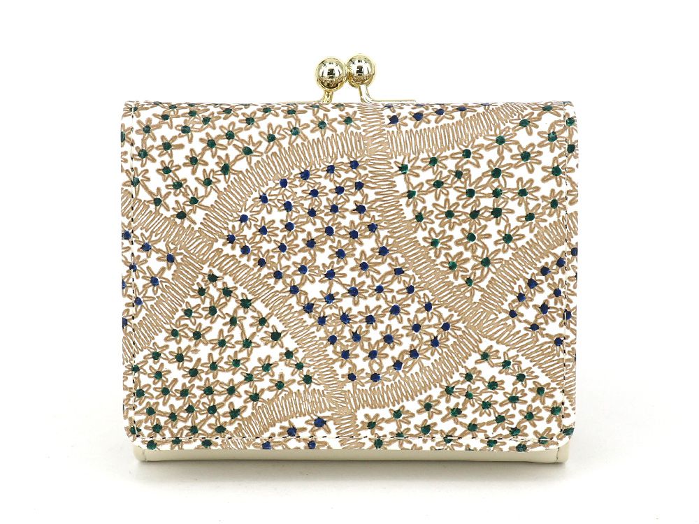 CHIRIMEN Fabric (Green) Small GAMAGUCHI Trifold Wallet