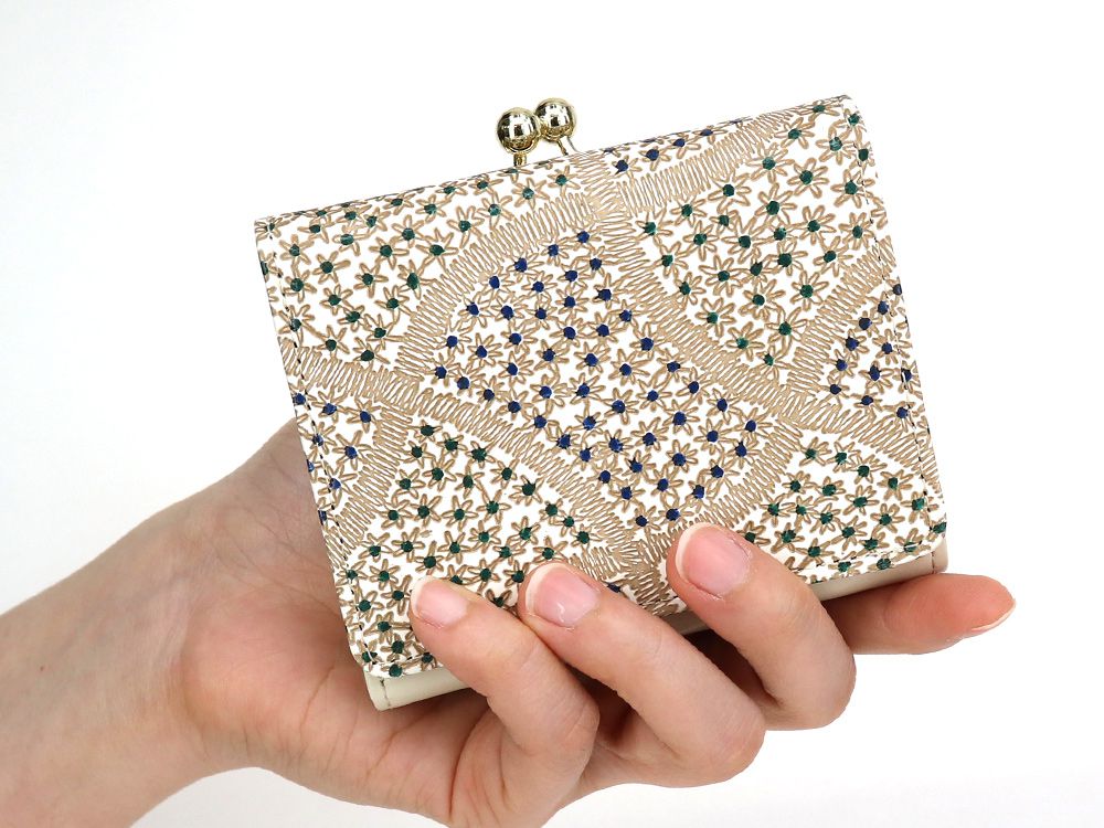 CHIRIMEN Fabric (Green) Small GAMAGUCHI Trifold Wallet