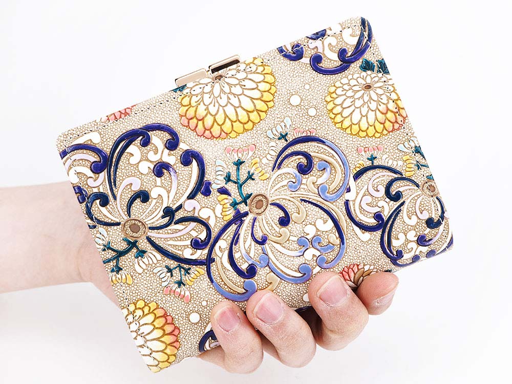 RANGIKU - Firework Chrysanthemums (Blue&Yellow) GAMASATSU Square Billfold with Clasp