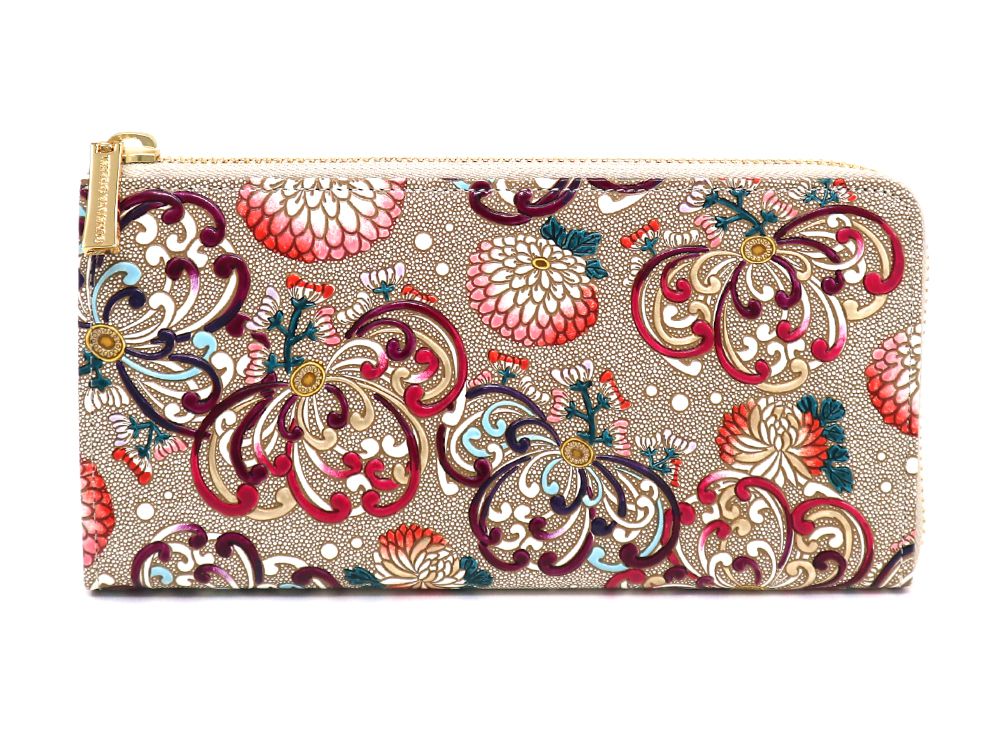 RANGIKU - Firework Chrysanthemums (Wine&Pink) L-shaped Long Wallet