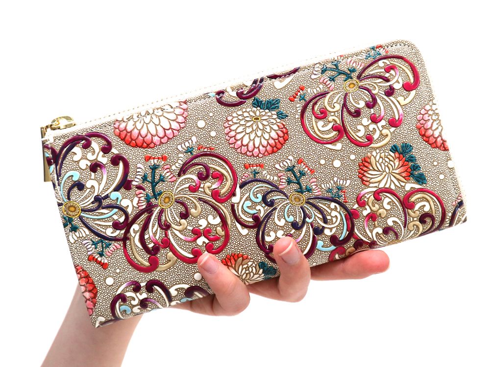 RANGIKU - Firework Chrysanthemums (Wine&Pink) L-shaped Long Wallet