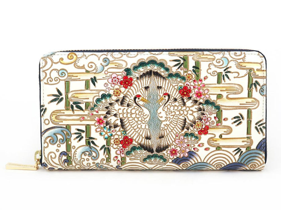 Facing Cranes Zippered Long Wallet | BUNKOYA OOZEKI | Handpainting